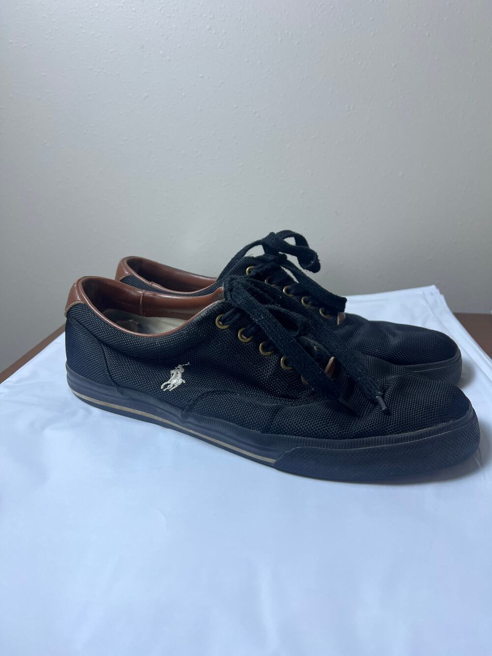 Polo Ralph Lauren Vaughn Sneakers Mens 11D Black Mesh Leather Trim Low Top